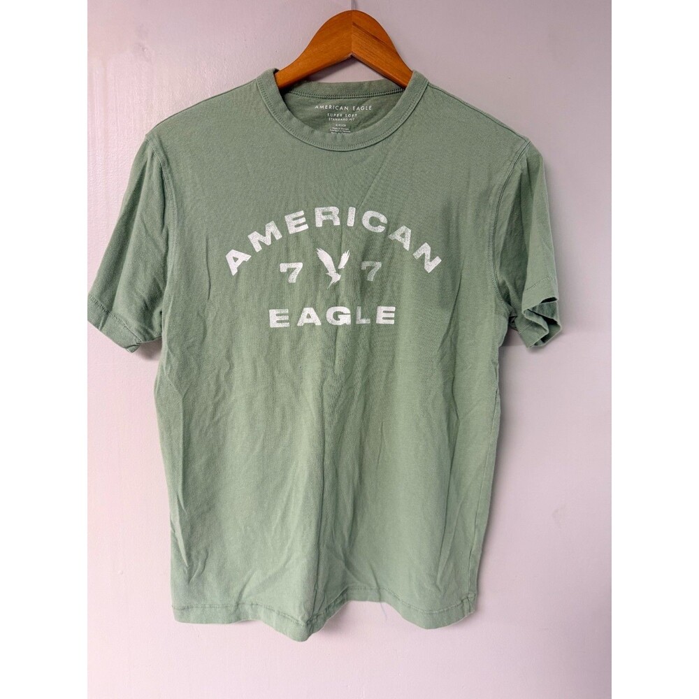 American Eagle Super Soft T Shirt Small Sage Green 77 Logo Standard Fit Tee